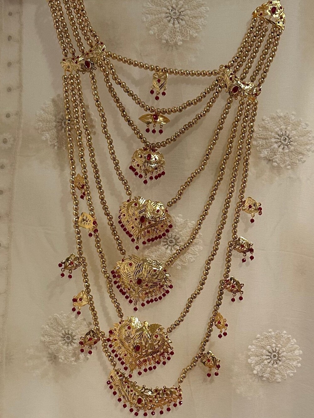 Traditional Gold-Tone Multi-Layer Necklace Set with Red Accents - Picture 5 of 16